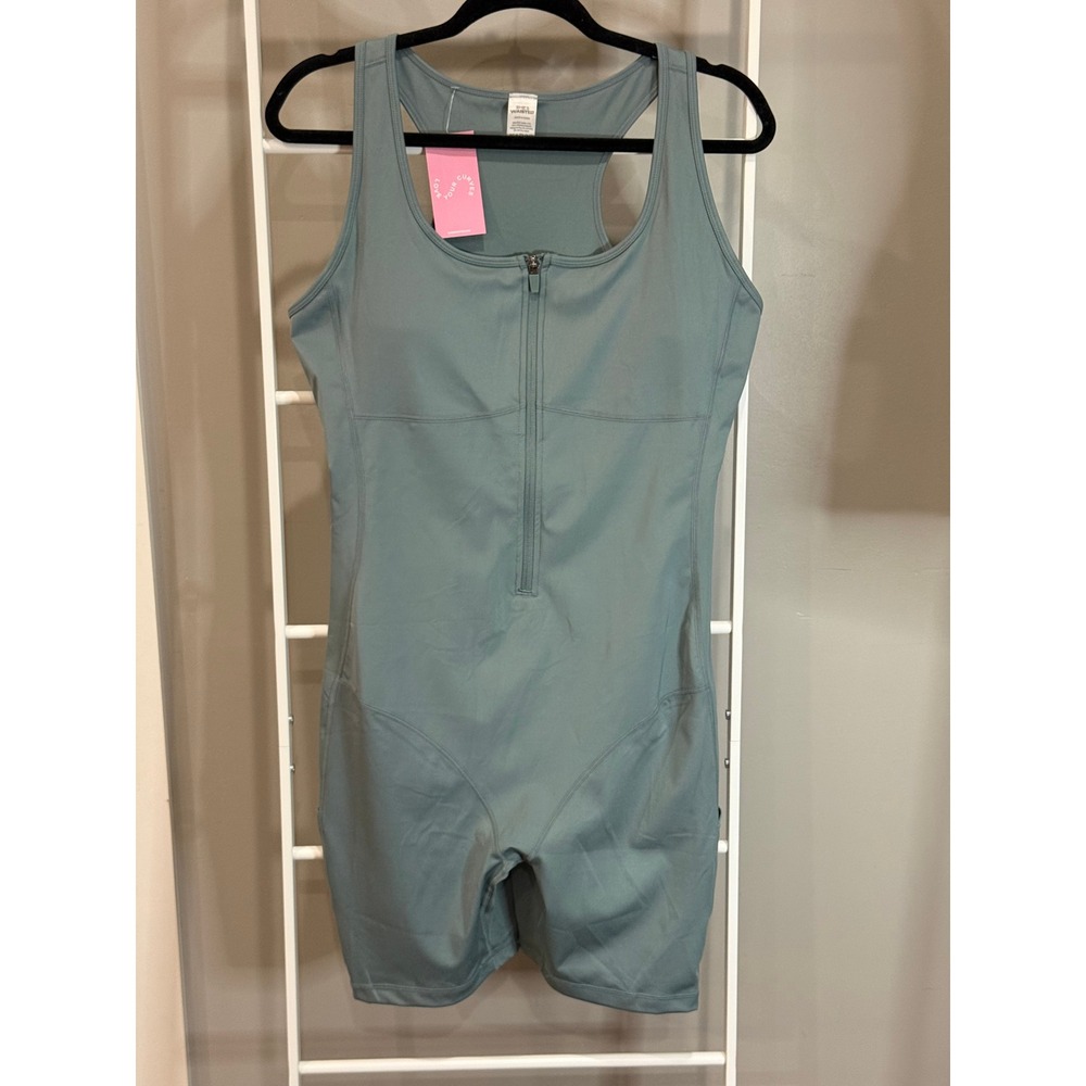 Shes Waisted Womens 3XL Sage/Blue  Sauna Sculpt Compression Romper Athleisure